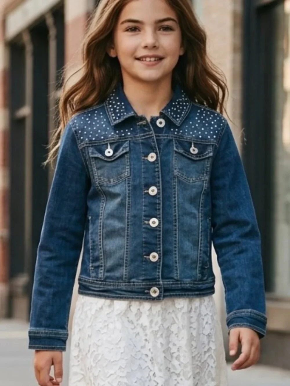Justice‎ Denim Jean Jacket Girls Size 14 Button Front Rhinestone Embellishment